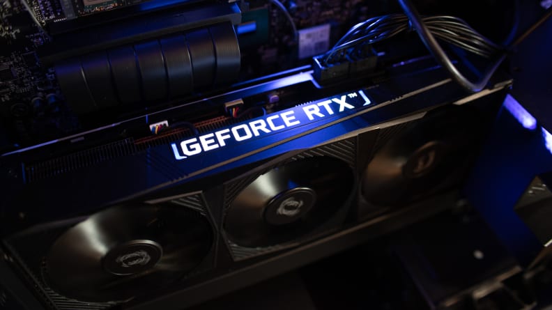 The graphics card's logo glows brightly.