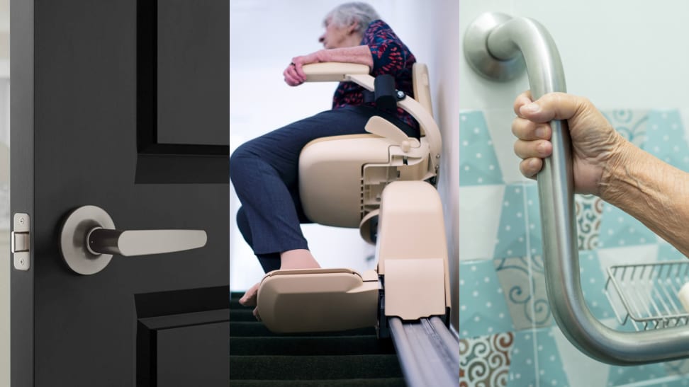 1) Close up of a black door with metal lever handle. 2) A person rides a stairlift. 3) A person grabs a railing in a shower.