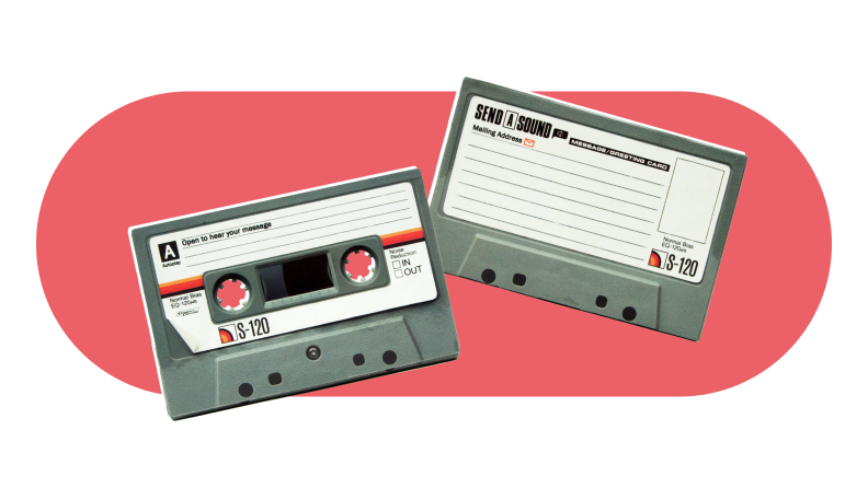 Cassette tape themed recordable greeting card.