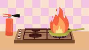 Illustration of pan on stove top with fire coming out of it.