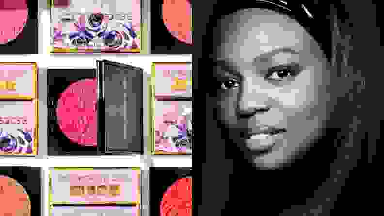 On the left: Blush compacts open to reveal pink powder lay open on a white background. On the right: A black and white photo of makeup artist Pat McGrath.