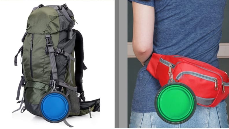 A travel dog bowl attached to a backpack and to a waist pack