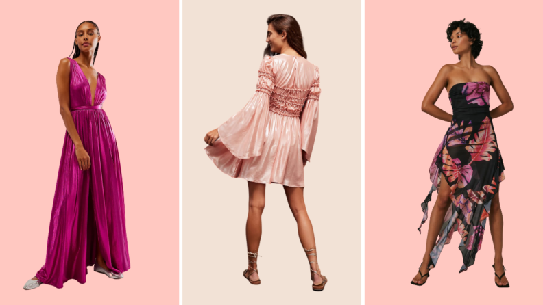 Modles wearing a pink shiny gown, a short pink dress with sleeves, and a asymmetrical hem dress with botanical print.