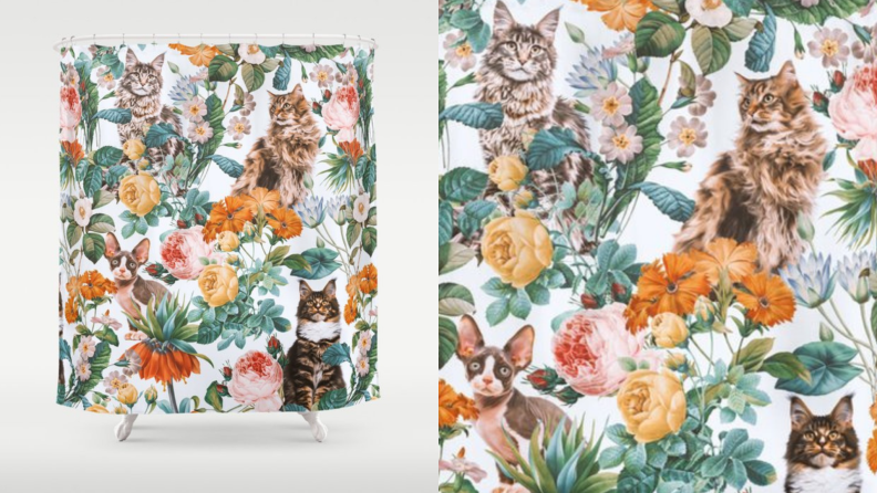 A shower curtain with flowers and cats