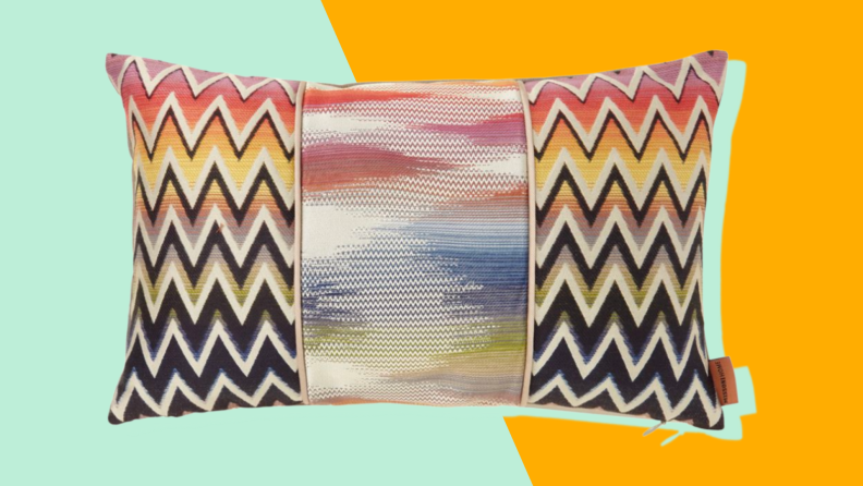 A vibrant colored chevron pillow.