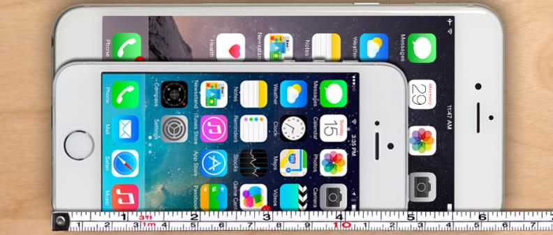 A render of the Apple iPhone 6 Plus compared in size to the Apple iPhone 5s.