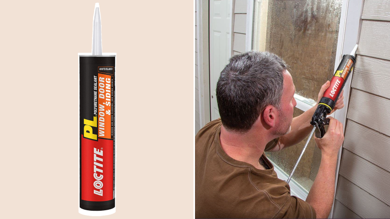 On left, product shot of the Loctite PL polyurethane caulk. On right, person using a caulk gun to seal spaces between window sill and siding outside of home.