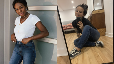 A model wearing jeans and a white T-shirt, and the author taking a mirror selfie in a pair of jeans.