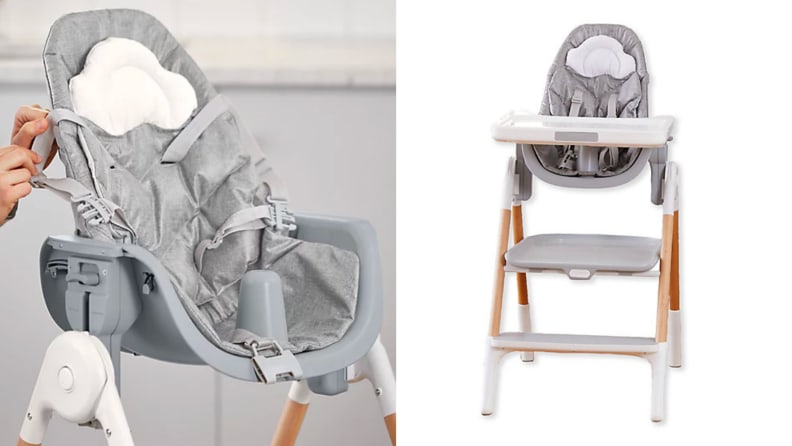 Two images of the same high chair, one close up and one from a distance. The high chair is pale grey with wooden accents.