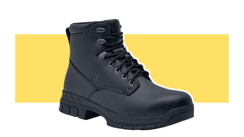 A lace-up black workboot.