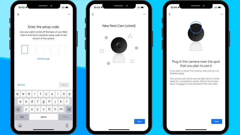 Screenshots from the Google Home app for setting up the Nest Cam (indoor, wired)