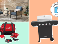 A collage featuring a Hampton Bay patio set, a Nexgrill barbecue, and a Milwaukee drill.