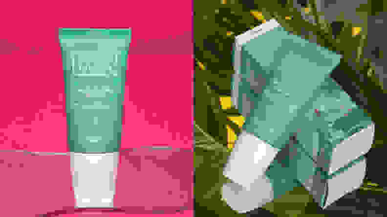 On the left: The Selfless by Hyram Salicylic Acid & Sea Kelp Pore Clearing and Oil Control Serum stands on a hot pink background with puddles beneath it. On the right: The same serum lays on its box packaging with plants in the background.