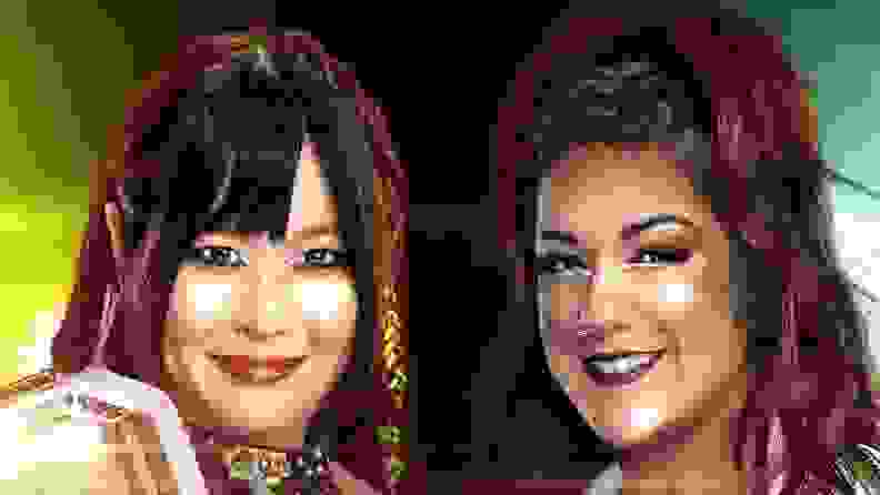 WWE superstars Iyo Sky, left, and Bayley in front of a colored background.