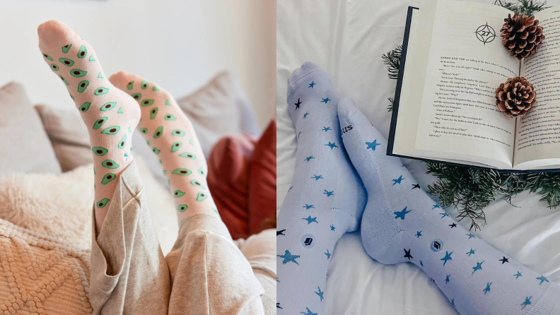 A person in bed wearing a pair of cute patterned socks.
