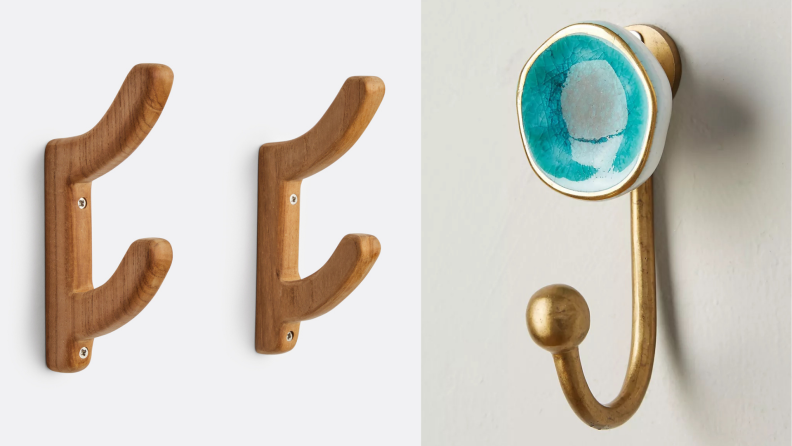 On the left, outdoor shower hooks made of teak wood. On the right, a blue and gold hook.