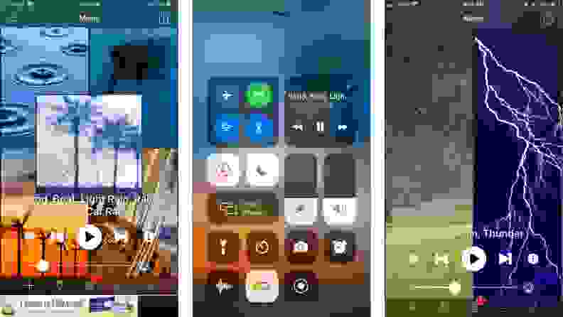 three screenshots of white noise, which lets users mix sounds together, and can be managed in the control center