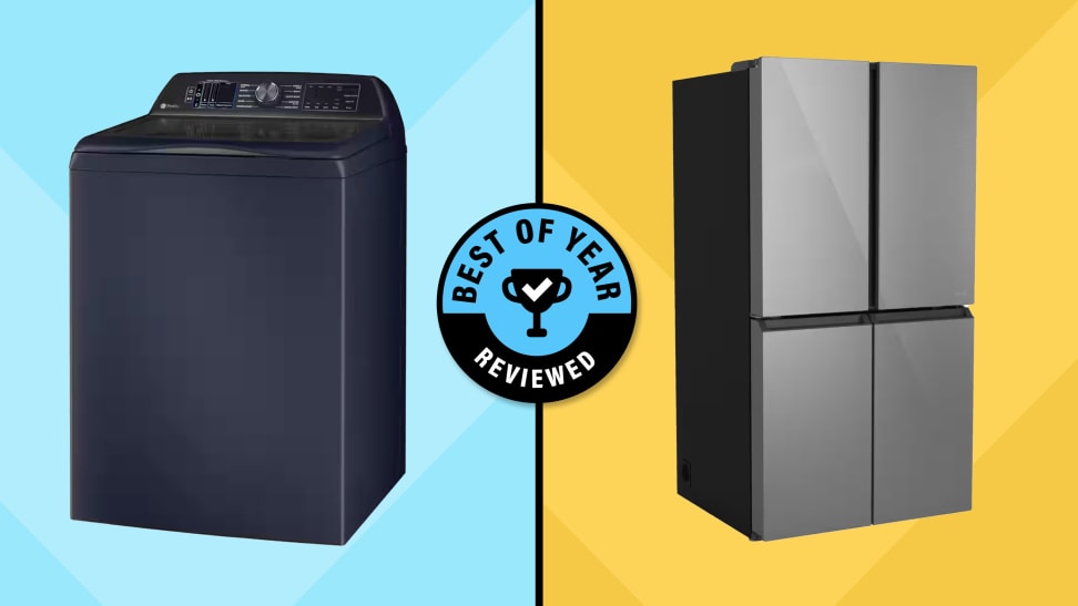 A blue and yellow split collage for the 2024 Reviewed Best of Year awards featuring the GE Profile PTW900BPTRS top load washer and the GE Café CAE28DM5TS5 refrigerator.