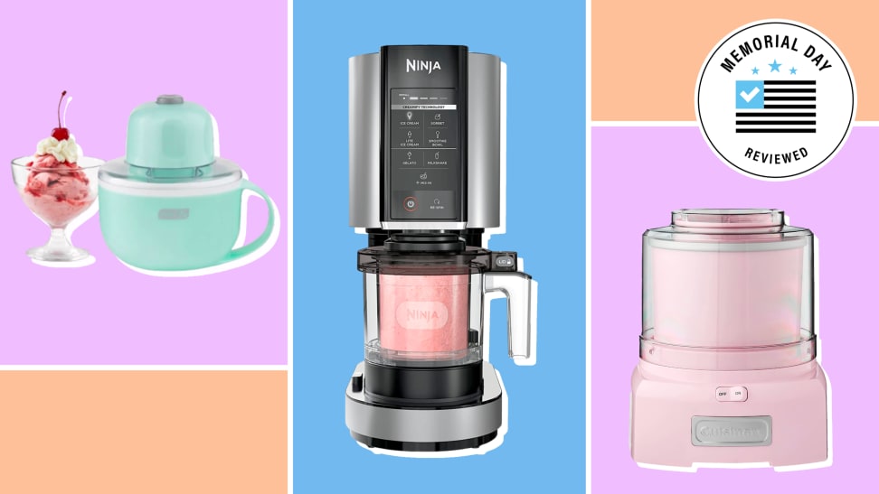 Three ice cream makers from Cuisinart, Ninja, and Dash on colorful background