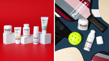 Penetrex, a muscle and joint relief cream on a pickleball court and a selection of Penetrex products on a red background