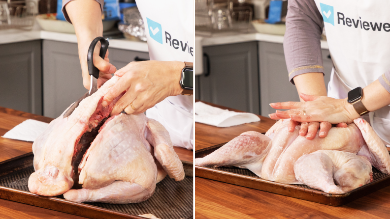 Left: Person using kitchen shears to remove backbone from turkey. Right: Person pressing on turkey breastbone to flatten.