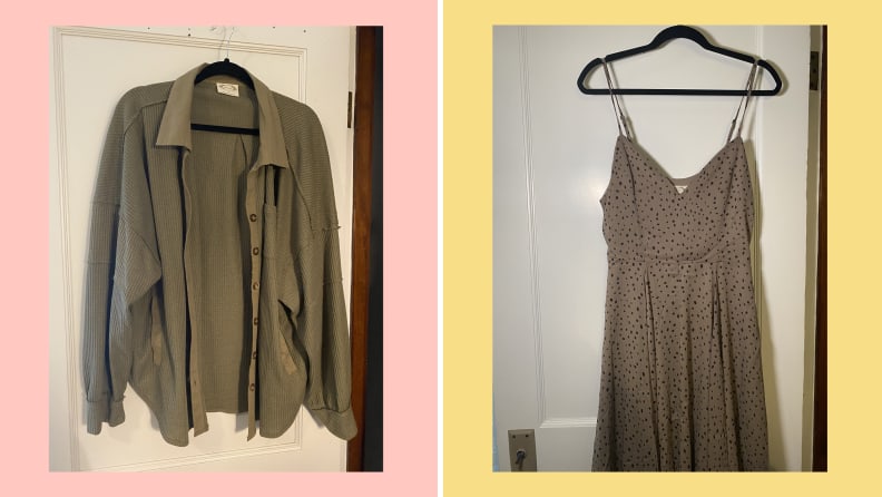 green top and patterned dress on pink and yellow background