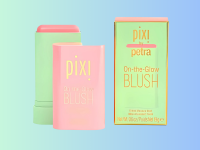A Pixi On-the-Glow Blush stick and its packaging are displayed against a pastel gradient background.