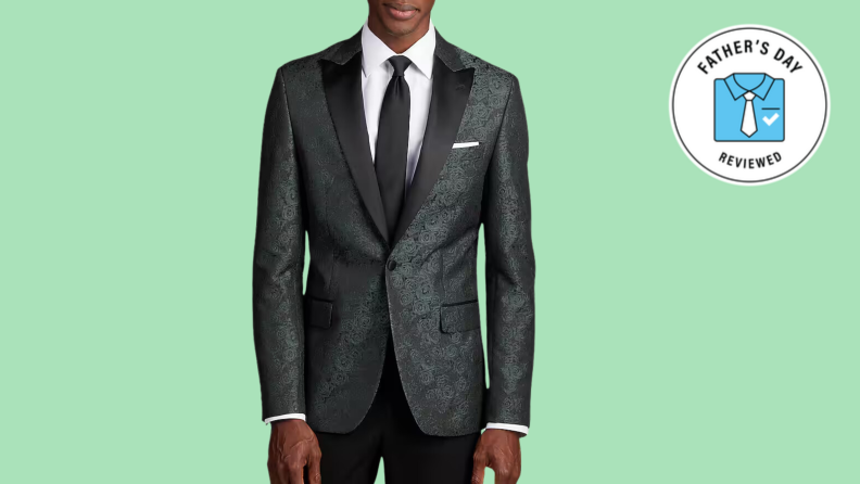 forest green floral dress jacket on lime green background