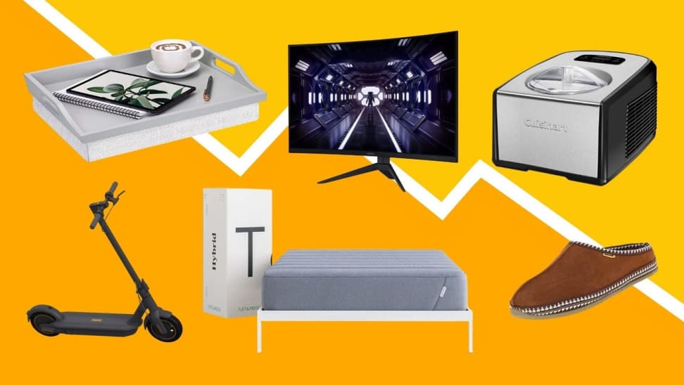 A scooter, mattress, slippers, television, and electronics against a yellow background.
