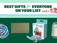 Four products on a dark green background including yarn, a notebook, and a wine travel cup