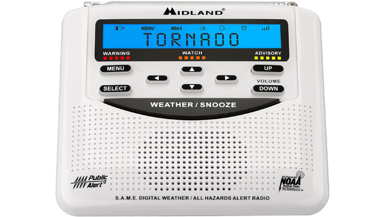 White Midland weather radio with blue screen that reads "tornado."