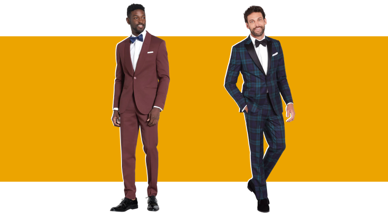 A plaid suit and a burgundy suit seen side-by-side.