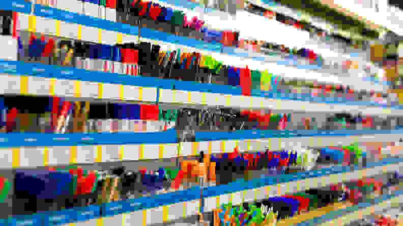 Colorful beautiful pen shelves in office supply store are among the best things to buy at Staples.
