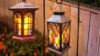 A solar lantern being used in a homeowner's backyard.