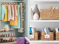 Left: An organized closet. Right: wicker baskets holding books and other items.