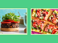 Open-faced veggie burger with lettuce and tomatoes and flatbread pizza with pesto and tomatoes