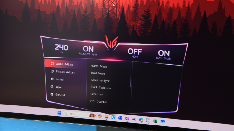 Close up of the options menu on the LG Ultragear 32GS95UE-B showing the frame rate and picture options