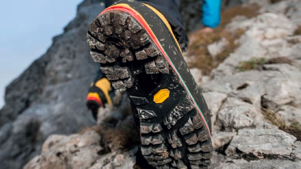 The underside of a boot equipped with Vibram Carrarmato outsoles.