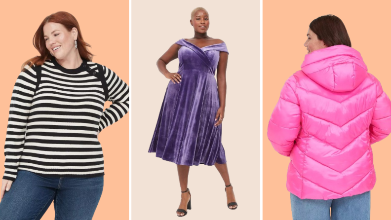 Collage of three plus-size options: A black and white striped sweater, a purple velvet dress, and a pink puffer coat.