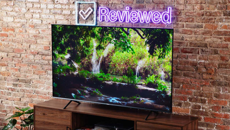 A Hisense U6H television shows a lush landscape display in a living room.