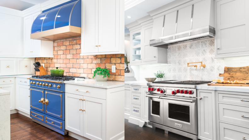 (1) A blue oven and vent hood in a kitchen. (2) A white vent hood over a stainless steel oven.