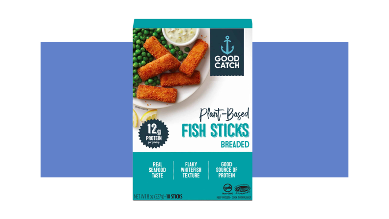 Teal box of the Good Catch brands plant-based fish sticks.