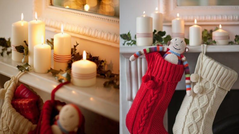 Mantel adorned with knitted stockings, candles and stuffed animals.