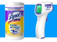 Lysol wipes and white thermometer on blue background