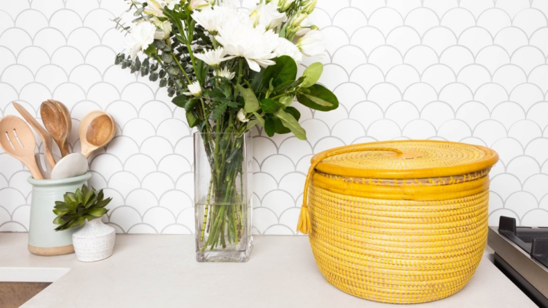 Yellow woven basket on a kitchen counter