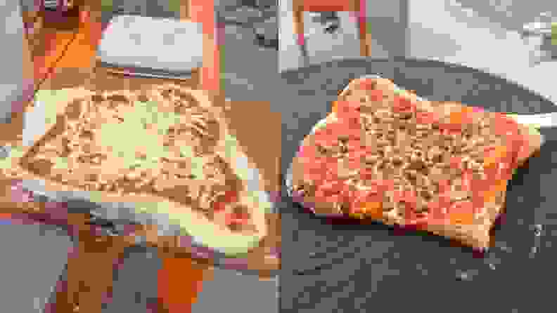 Photo collage of raw pizza sitting on top of wooden pizza peel next to a cooked pizza sitting on top of table surface..