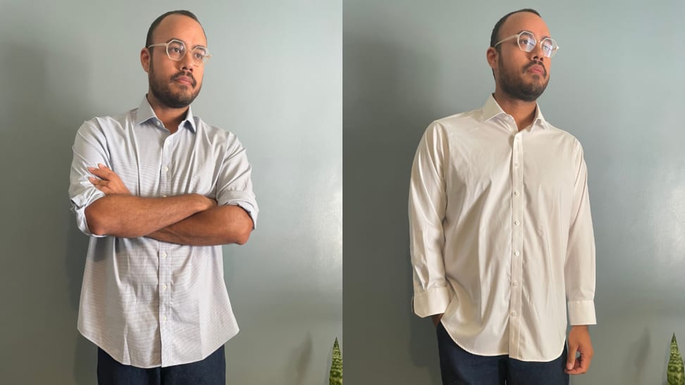 man crossing arms in Twillory shirt, man with hand in pocket wearing white Twillory button-down shirt