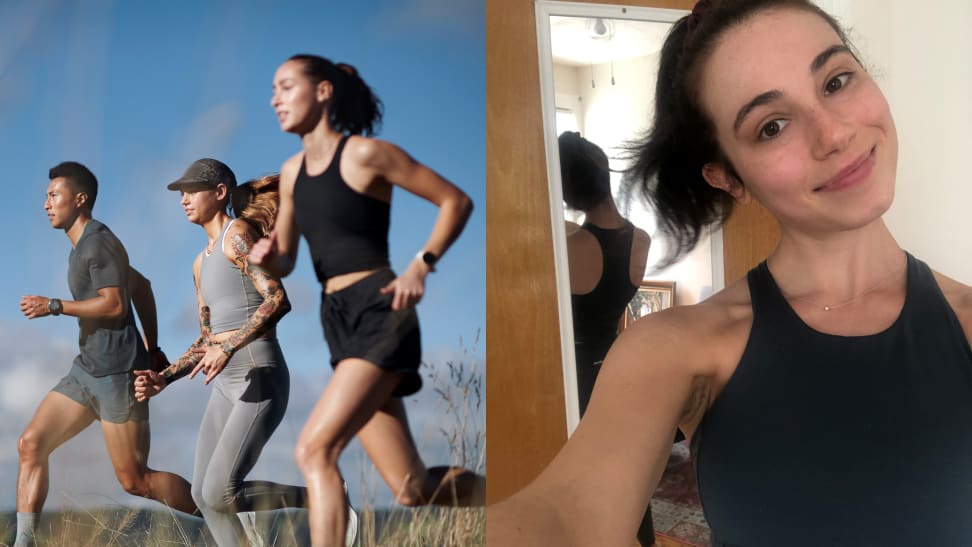 Left: Allbirds promo image, one man and two women running in Allbirds activewear outside. Right: Woman smiling wearing Allbirds running tank.