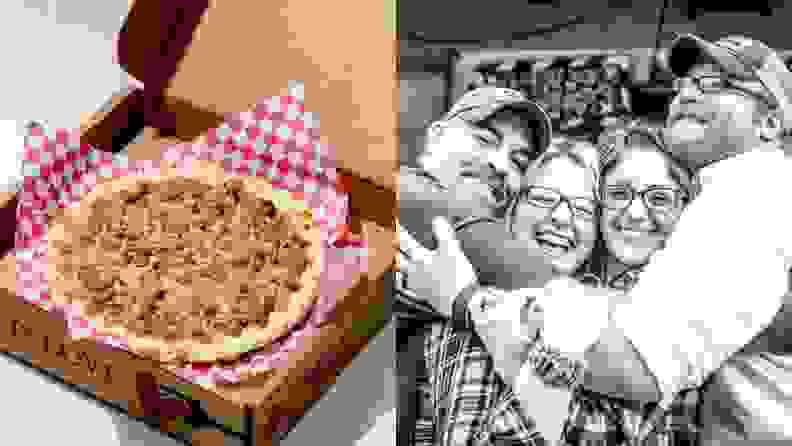 Left: Texas Trash Pie in a cardboard pizza box with red and white checkered paper. Left: A black and white portrait of four members of the Royers family.