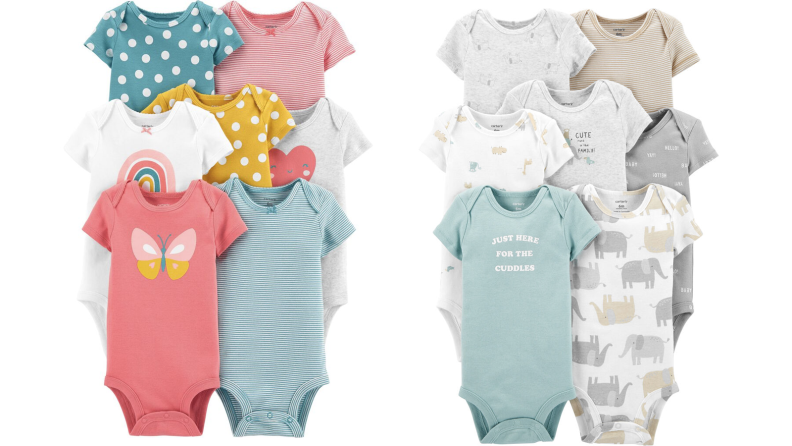 A collection of multicolored baby bodysuits